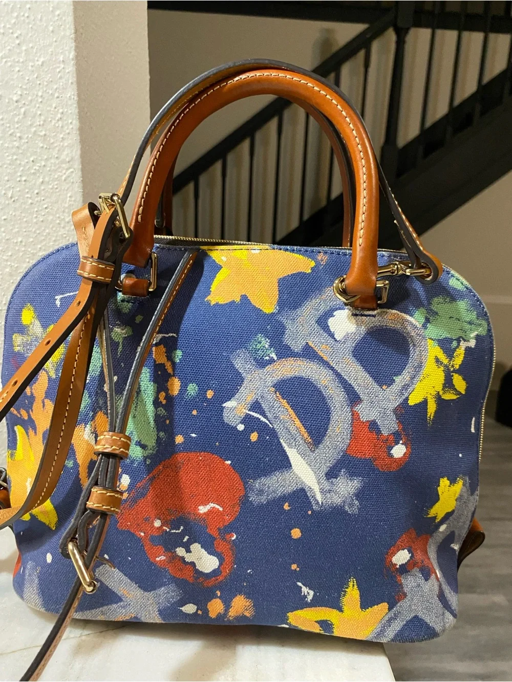 Dooney & Bourke Navy Graffiti Floral Canvas Dome Satchel with Brown Trim